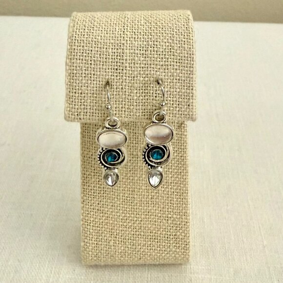 Opal Earrings Blue White Silver Plated Boho Mermaidcore Ocean Inspired Jewelry - Picture 5 of 7